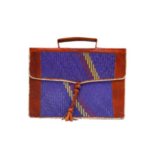 Brown & Blue Leather Laptop Bag with Raffia